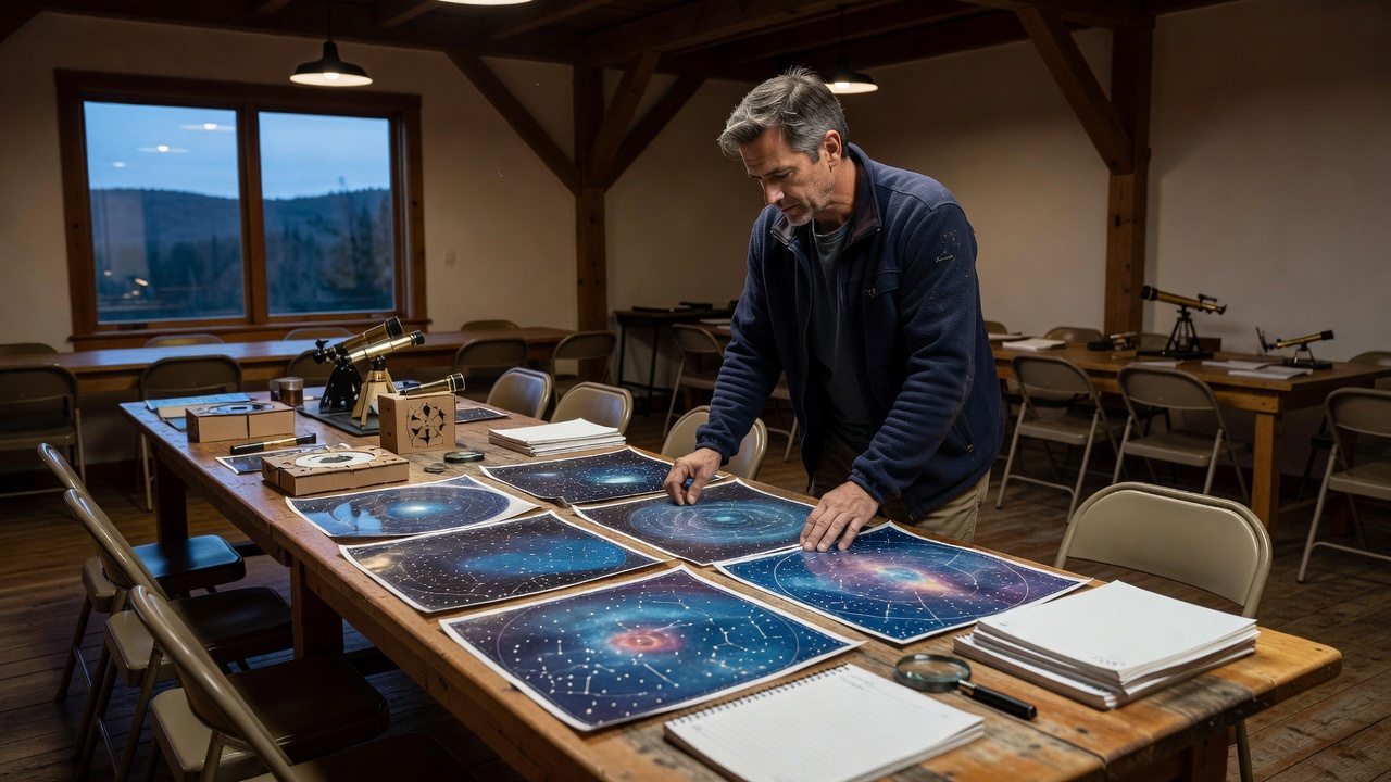 Workshop host laying out printed sky charts and activity materials before guests arrive