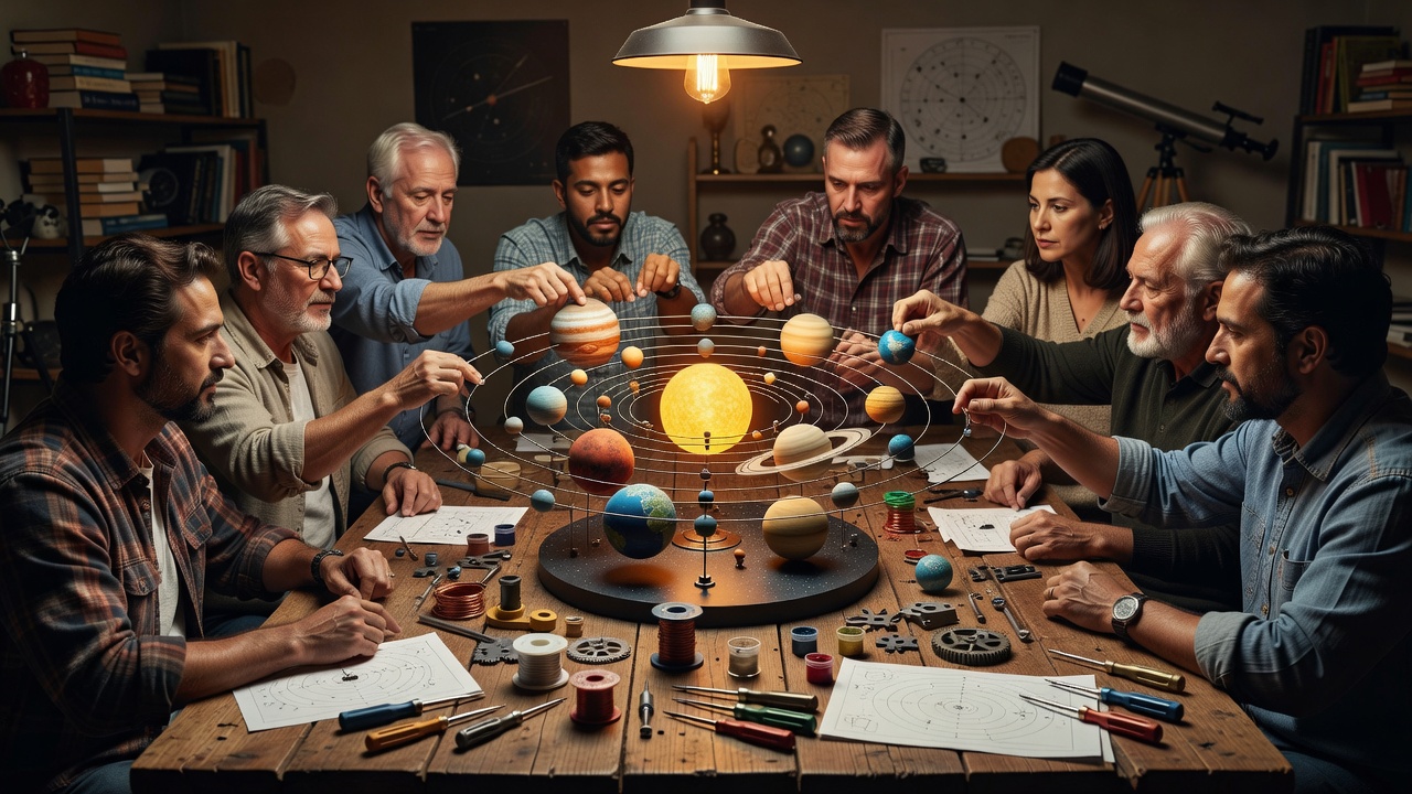 Guests working together on a hands-on astronomy model at a workshop table