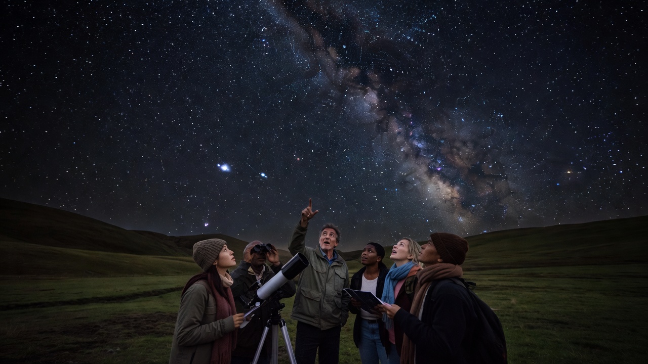Workshop host guiding a small group through a shared night-sky activity